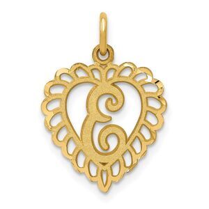 14k Yellow Gold, Grace Collection, Satin Heart Initial E Pendant, 15mm